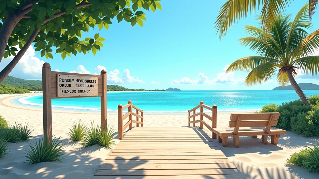 Señalización clara en la playa con iconos de accesibilidad, rampa de madera en buen estado, áreas de estacionamiento cercanas y zona de descanso sombreada