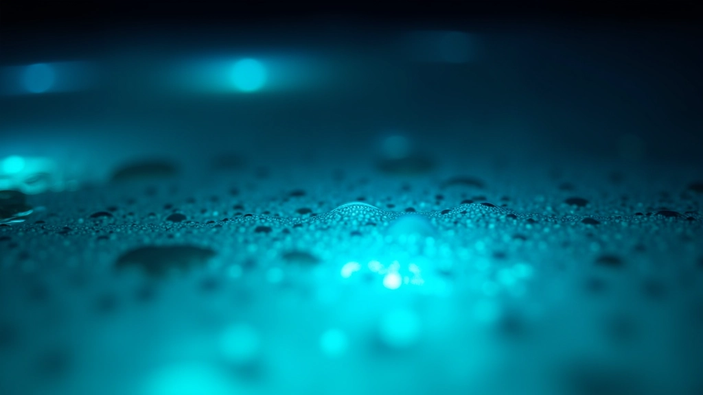 Primer plano de agua bioluminiscente brillando en azul verdoso, dinoflagelados visibles bajo la luz