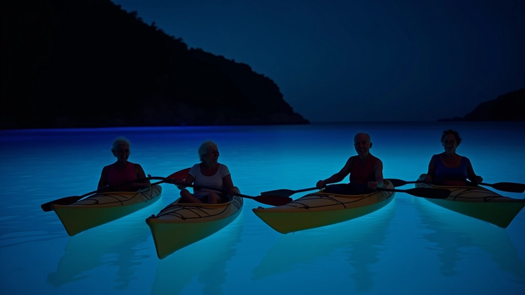 Grupo de jubilados disfrutando de la experiencia en kayak viendo el agua brillante en la noche