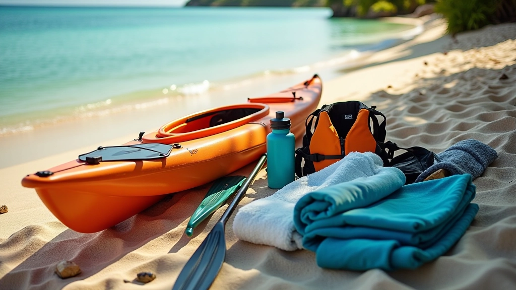 Equipo de kayak profesional dispuesto en la playa antes de una salida