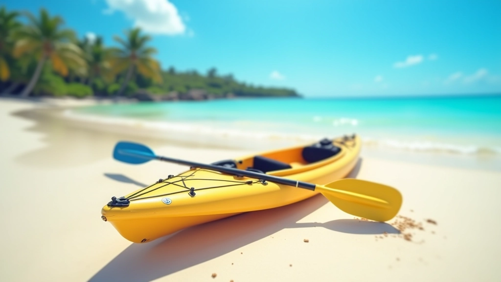 Remo de kayak azul y chaleco salvavidas amarillo sobre la arena blanca de la playa