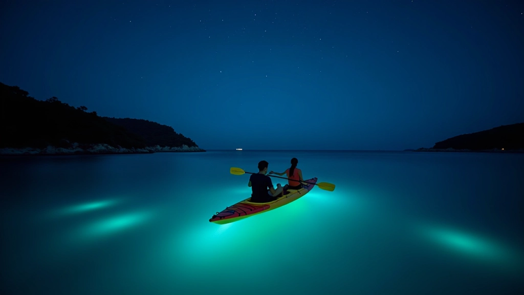 Kayak flotando en aguas cristalinas de la Bahía Bioluminiscente durante la noche