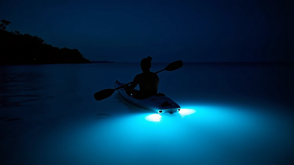 Kayakista remando suavemente en aguas oscuras con el agua dejando un rastro bioluminiscente azul brillante