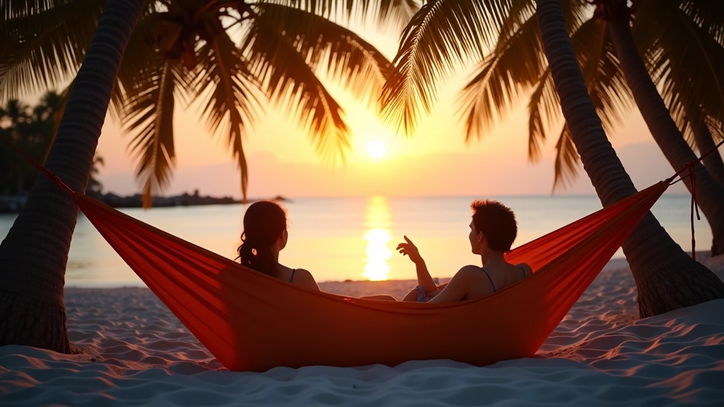 Personas descansando en hamacas en una playa tropical de arena blanca después del atardecer, palmeras de fondo