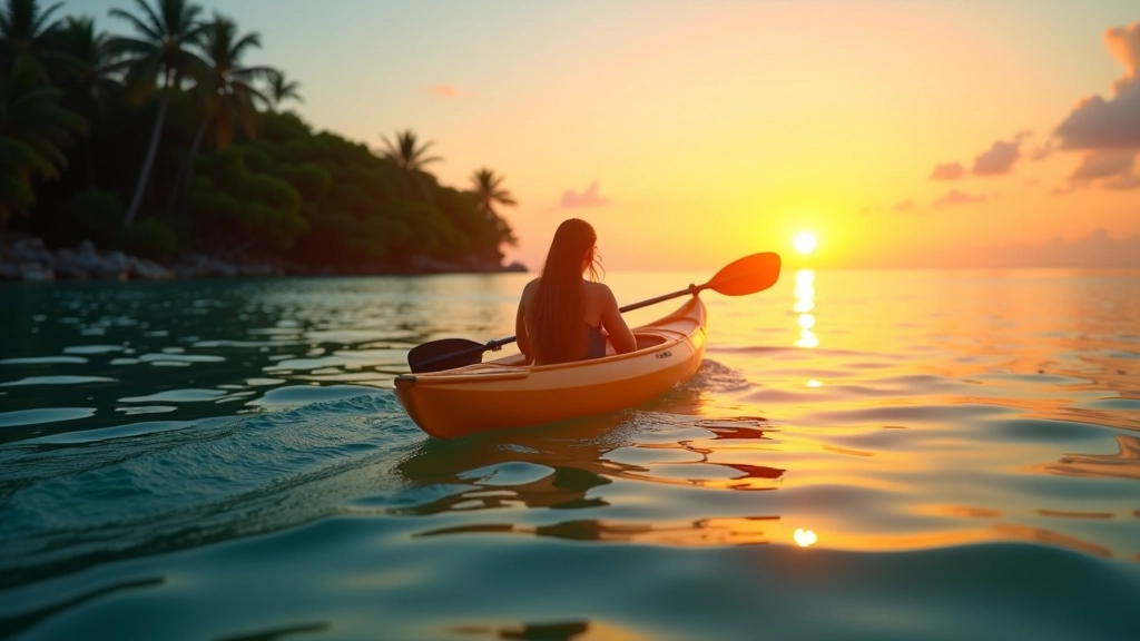 Persona sentada en kayak en aguas cristalinas de la bahía, remo descansando en el agua, atardecer dorado