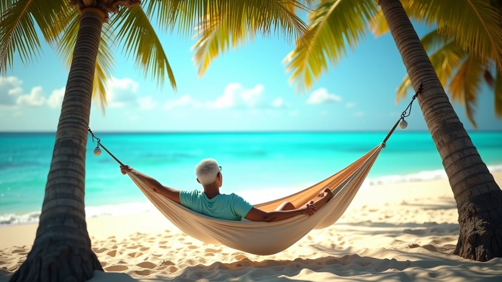 Persona descansando en una hamaca suspendida entre dos palmeras en la playa, con vista directa al océano y bebida refrescante en la mano