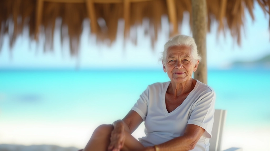 Persona mayor descansando bajo una palapa de madera con vistas al océano turquesa, bebiendo agua fresca