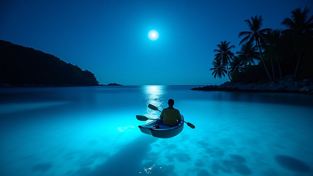 Aguas bioluminiscentes brillando en la noche, kayak flotando suavemente en la bahía