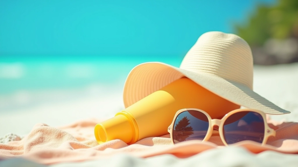 Bloqueador solar derramado sobre una toalla de playa con sombrero de ala ancha y gafas de sol