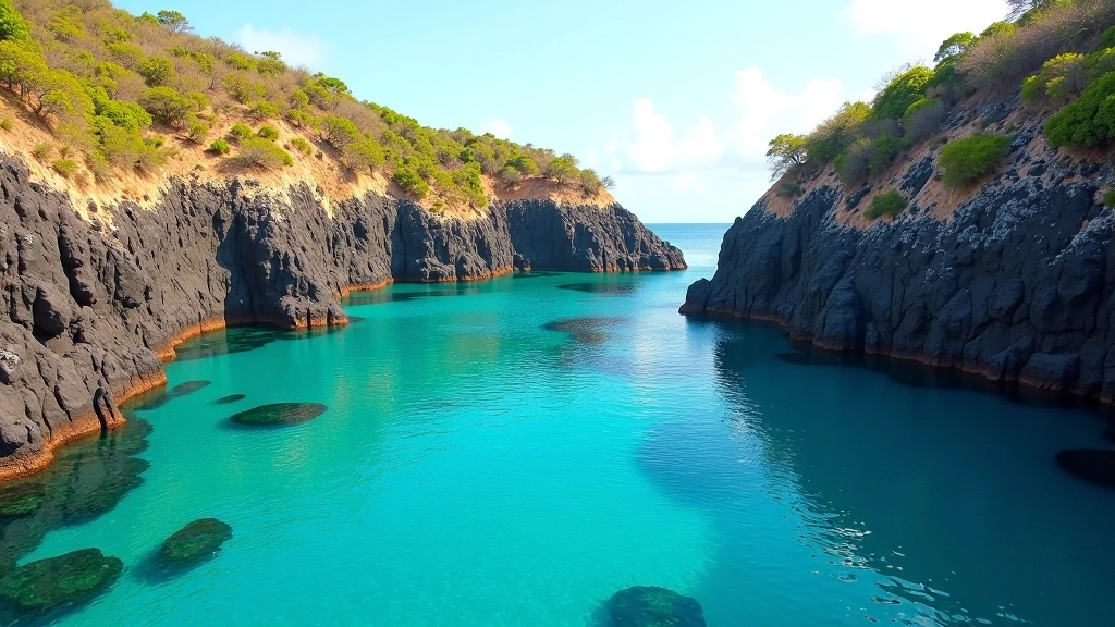 Bahía de Malecón con rocas volcánicas formando pequeñas ensenadas naturales, agua azul profundo, cielo despejado y vegetación costera tropical