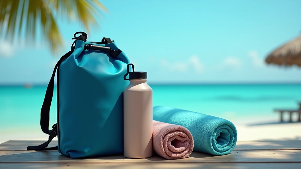 Bolsa impermeable roja, botella de agua deportiva azul y toalla de microfibra sobre tablones de madera de playa